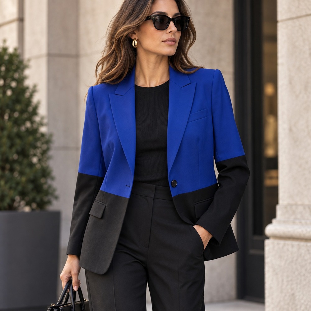 Theory Womens Stretch Wool Gabe Blazer Sz 8 Blue Black Colorblock Quiet Luxury